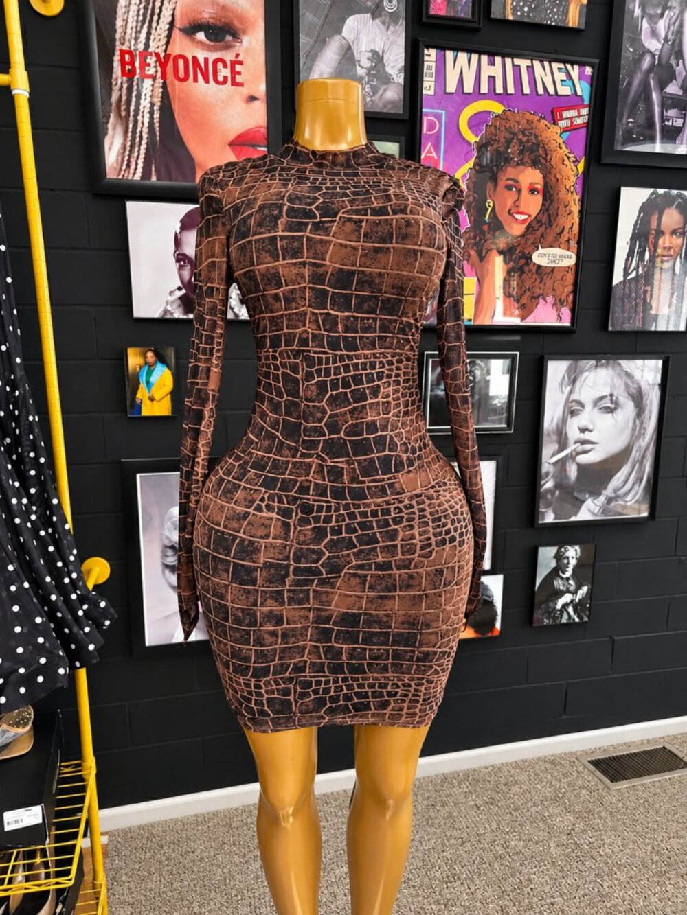 Brown Croc Print Open Back Bodycon Mini Dress Long Sleeve